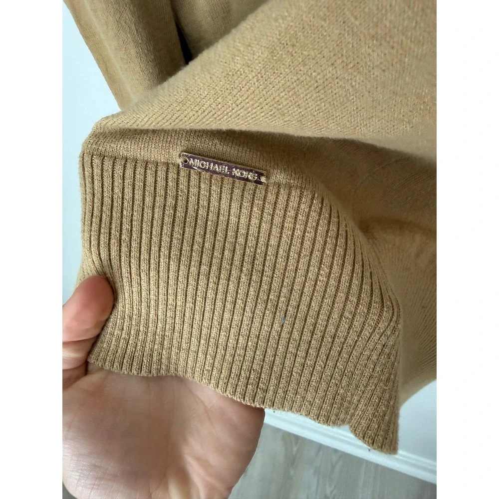 Michael Kors Womens Camel Tan Cowl Neck Fringe Trim Angora Blend Sweater Small